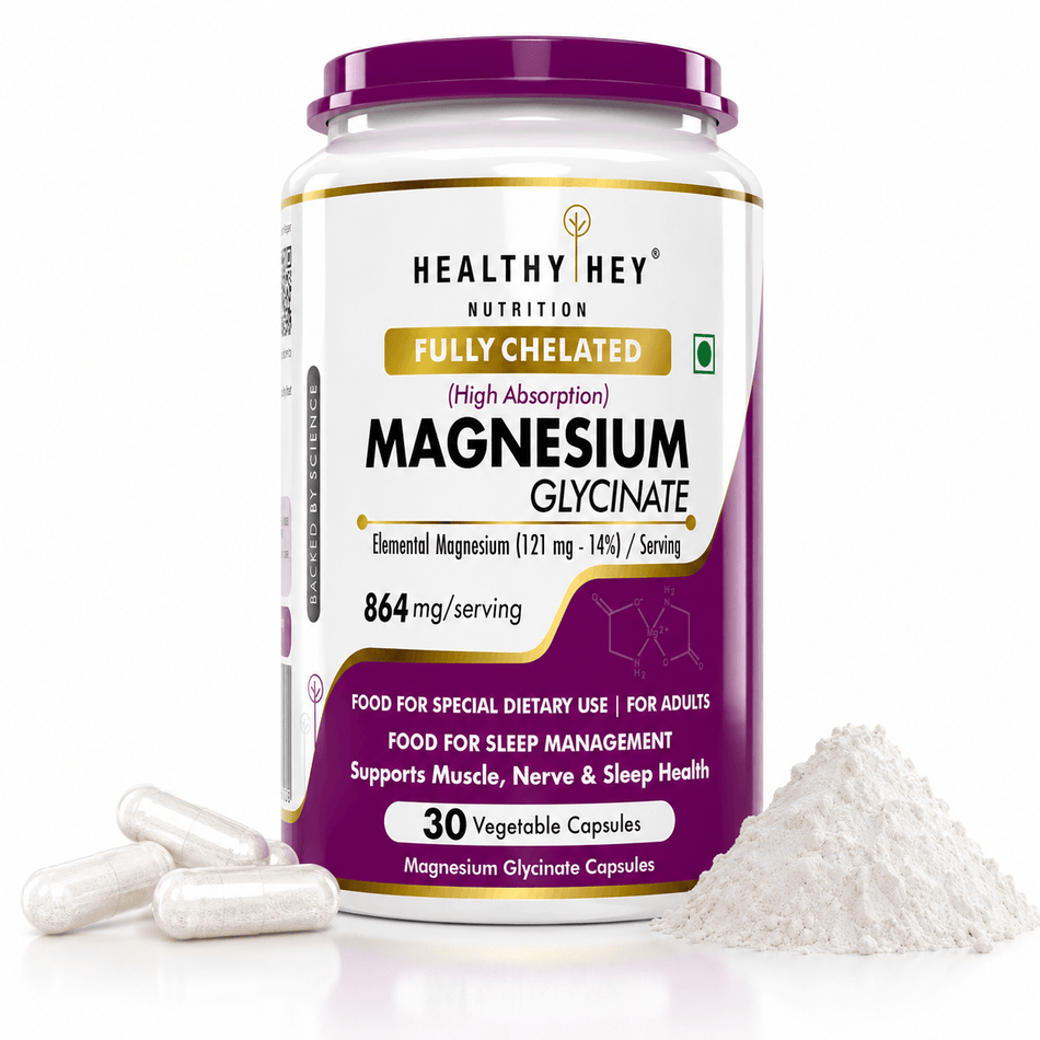 HealthyHey Nutrition Minerals 30 Magnesium Glycinate 14% Fully Chelated | 121 mg Elemental Magnesium per Serving | Non-Buffered | Vegetable Capsules