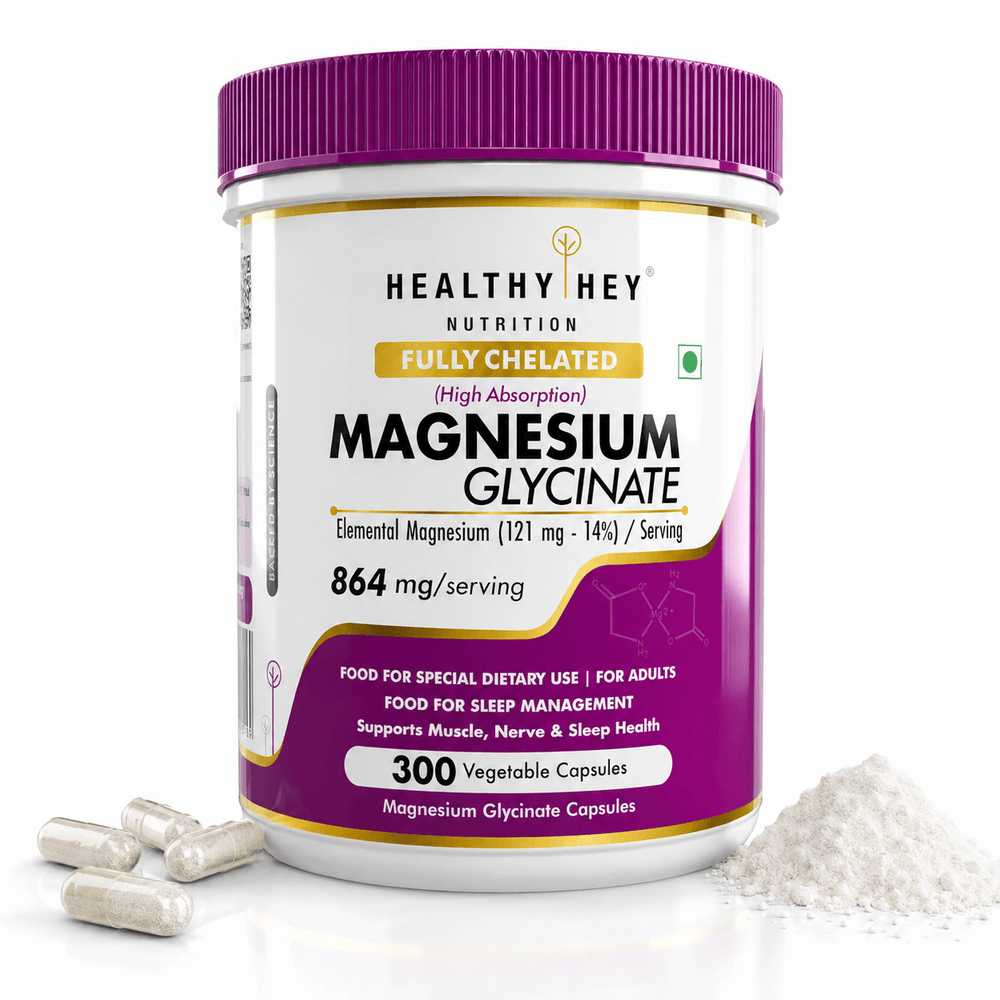 HealthyHey Nutrition Minerals 300 Magnesium Glycinate 14% Fully Chelated | 121 mg Elemental Magnesium per Serving | Non-Buffered | Vegetable Capsules