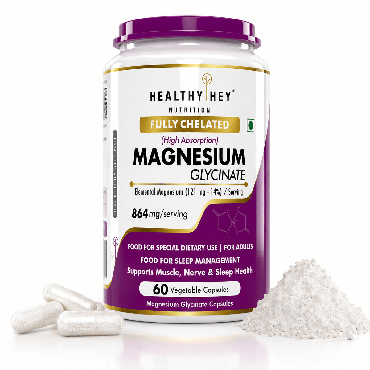 HealthyHey Nutrition Minerals 60 Magnesium Glycinate 14% Fully Chelated | 121 mg Elemental Magnesium per Serving | Non-Buffered | Vegetable Capsules