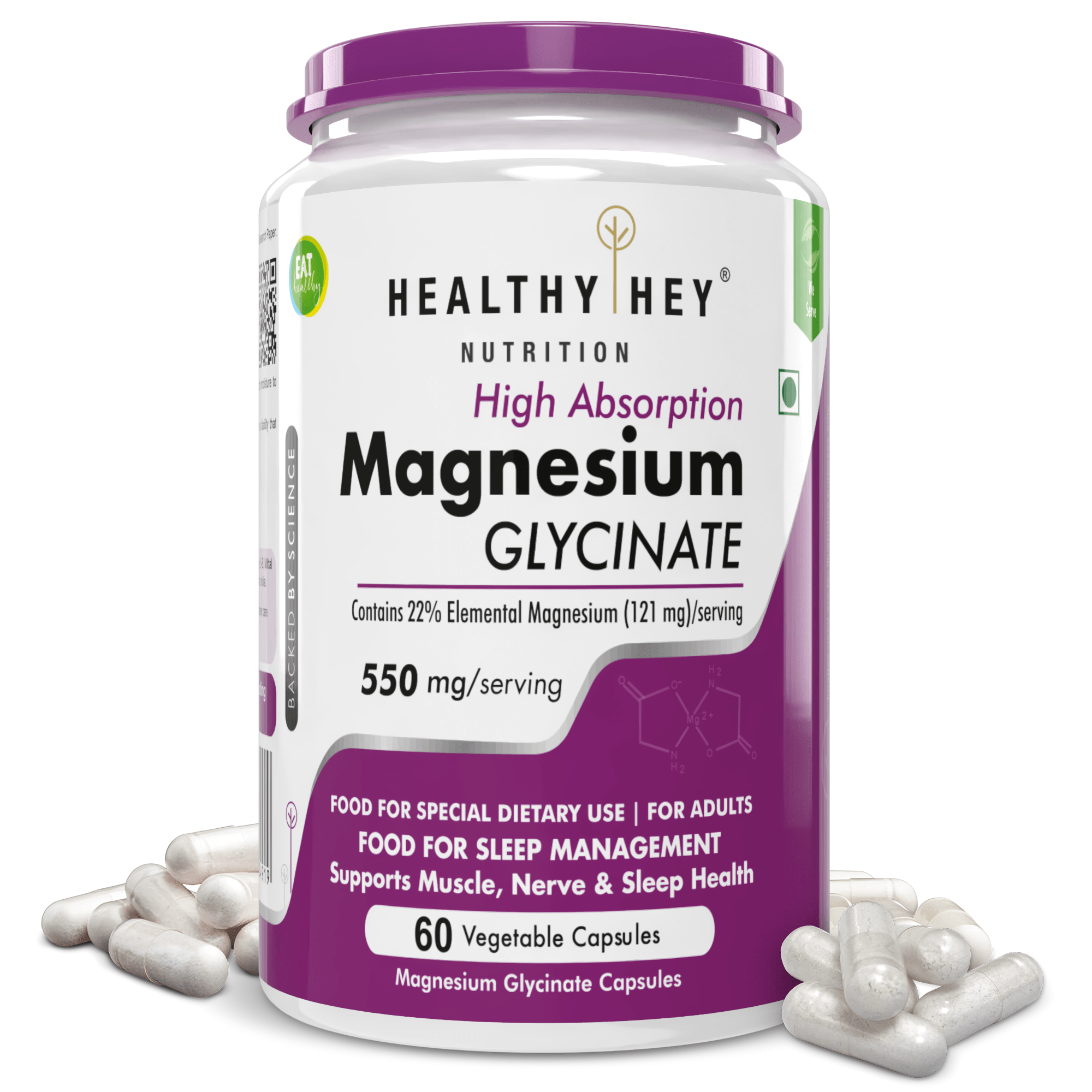 HealthyHey Nutrition Minerals 60 Magnesium Glycinate High Absorption Chelated for Sleep, Cramps, & Nerves Health -550mg