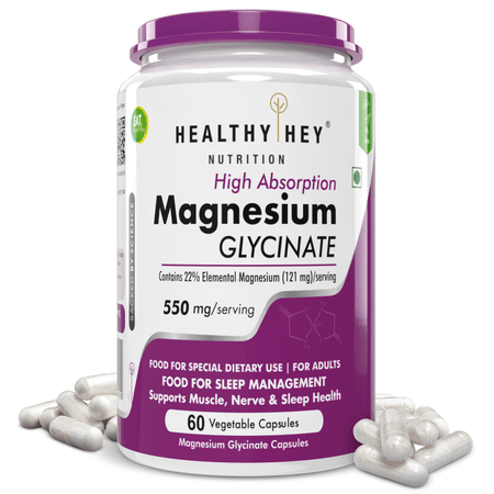 HealthyHey Nutrition Minerals 60 Magnesium Glycinate High Absorption Chelated for Sleep, Cramps, & Nerves Health -550mg