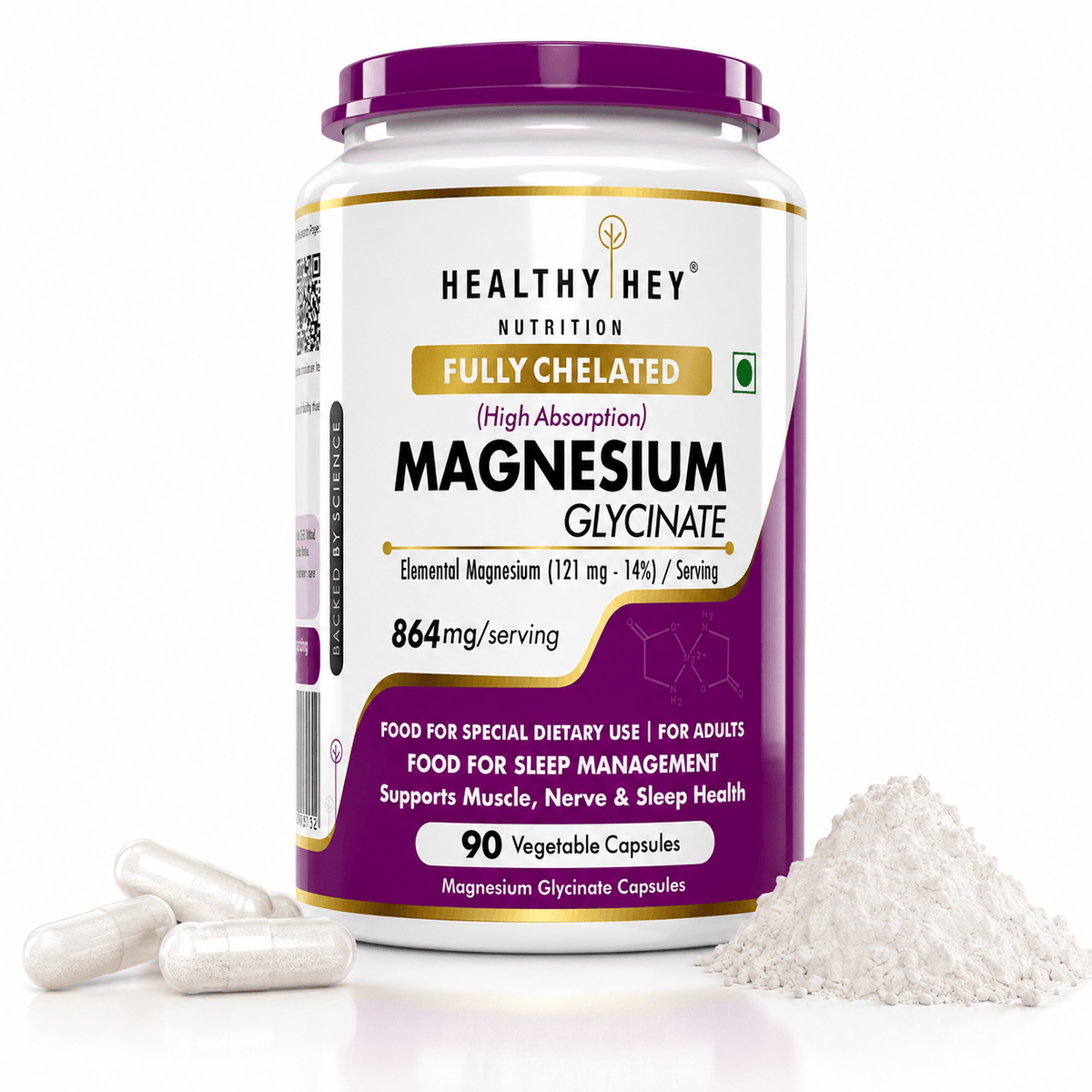 HealthyHey Nutrition Minerals 90 Magnesium Glycinate 14% Fully Chelated | 121 mg Elemental Magnesium per Serving | Non-Buffered | Vegetable Capsules