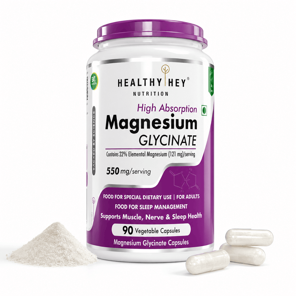 HealthyHey Magnesium Glycinate 22%, 90 capsule pack, jar shown with capsules