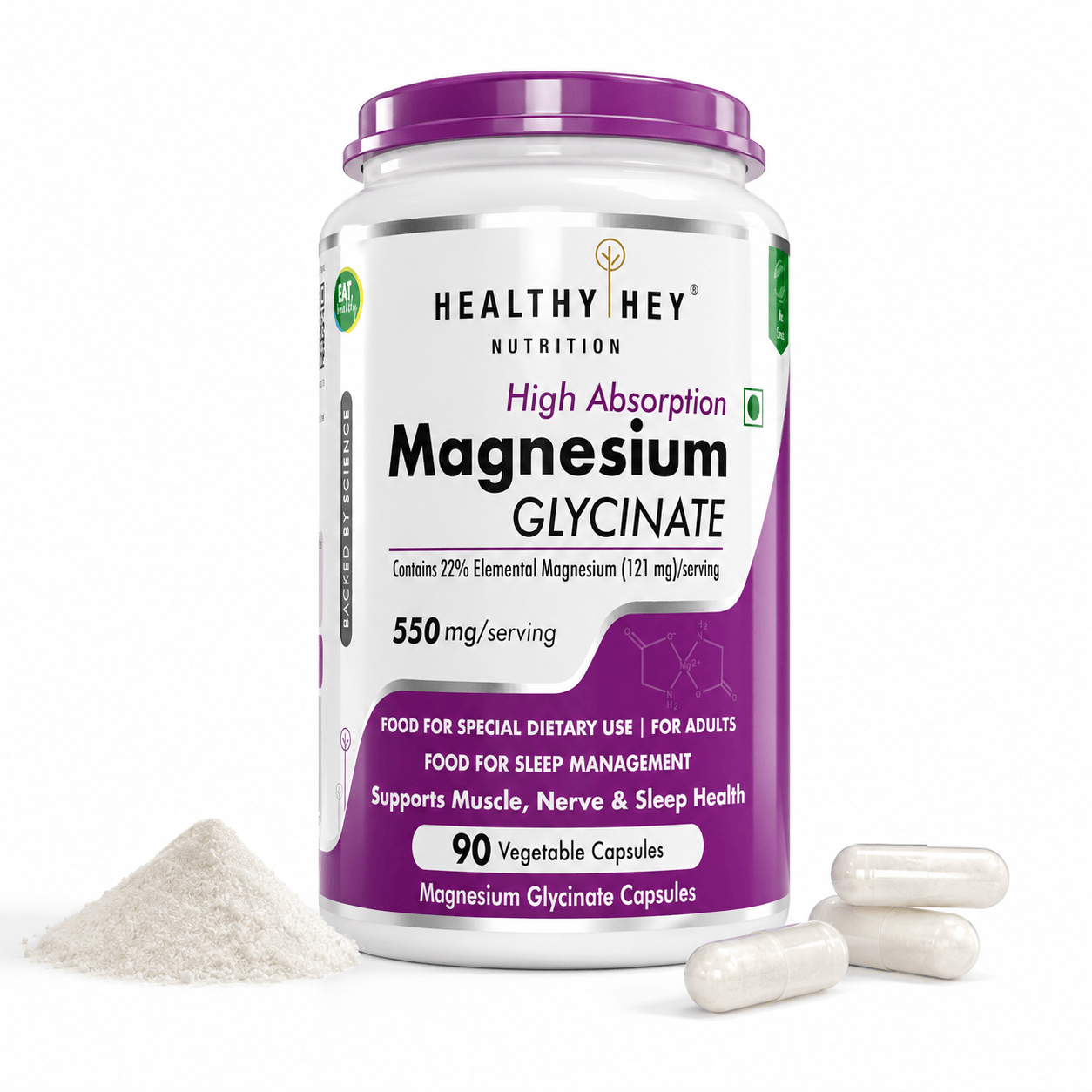HealthyHey Nutrition Minerals 90 Magnesium Glycinate High Absorption Chelated for Sleep, Cramps, & Nerves Health -550mg