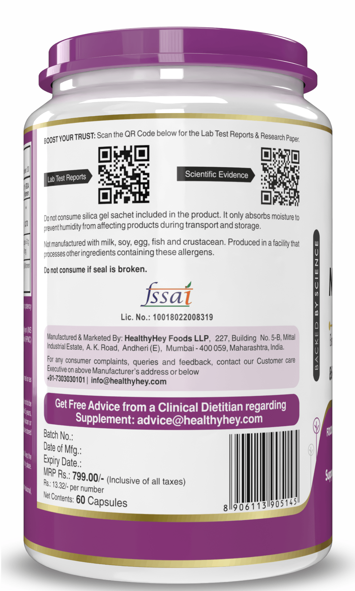 HealthyHey Nutrition Minerals Magnesium Glycinate 14% Fully Chelated | 121 mg Elemental Magnesium per Serving | Non-Buffered | Vegetable Capsules