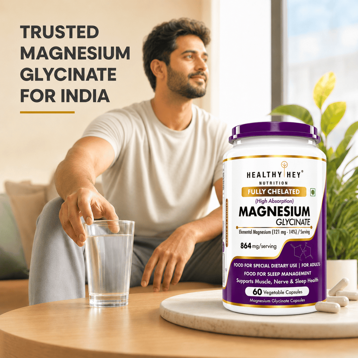 HealthyHey Nutrition Minerals Magnesium Glycinate 14% Fully Chelated | 121 mg Elemental Magnesium per Serving | Non-Buffered | Vegetable Capsules