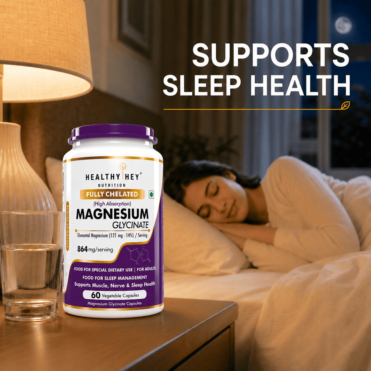 HealthyHey Nutrition Minerals Magnesium Glycinate 14% Fully Chelated | 121 mg Elemental Magnesium per Serving | Non-Buffered | Vegetable Capsules