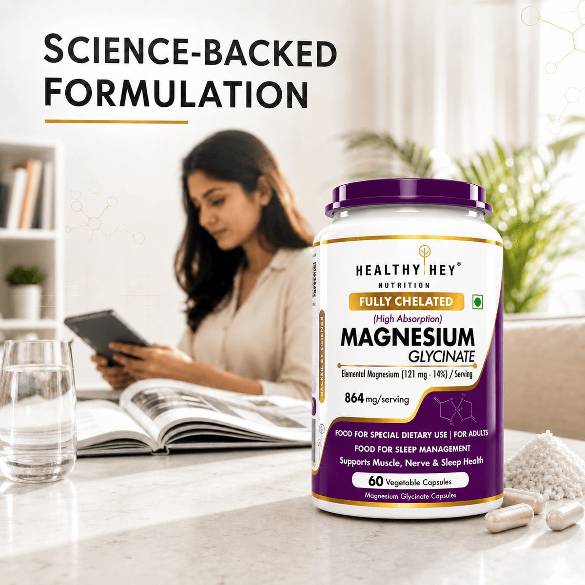 HealthyHey Nutrition Minerals Magnesium Glycinate 14% Fully Chelated | 121 mg Elemental Magnesium per Serving | Non-Buffered | Vegetable Capsules