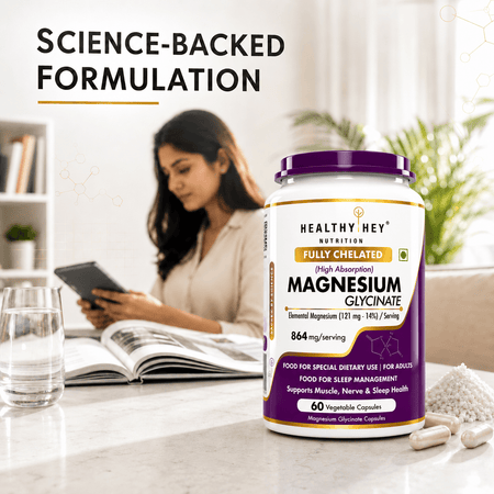 HealthyHey Nutrition Minerals Magnesium Glycinate 14% Fully Chelated | 121 mg Elemental Magnesium per Serving | Non-Buffered | Vegetable Capsules