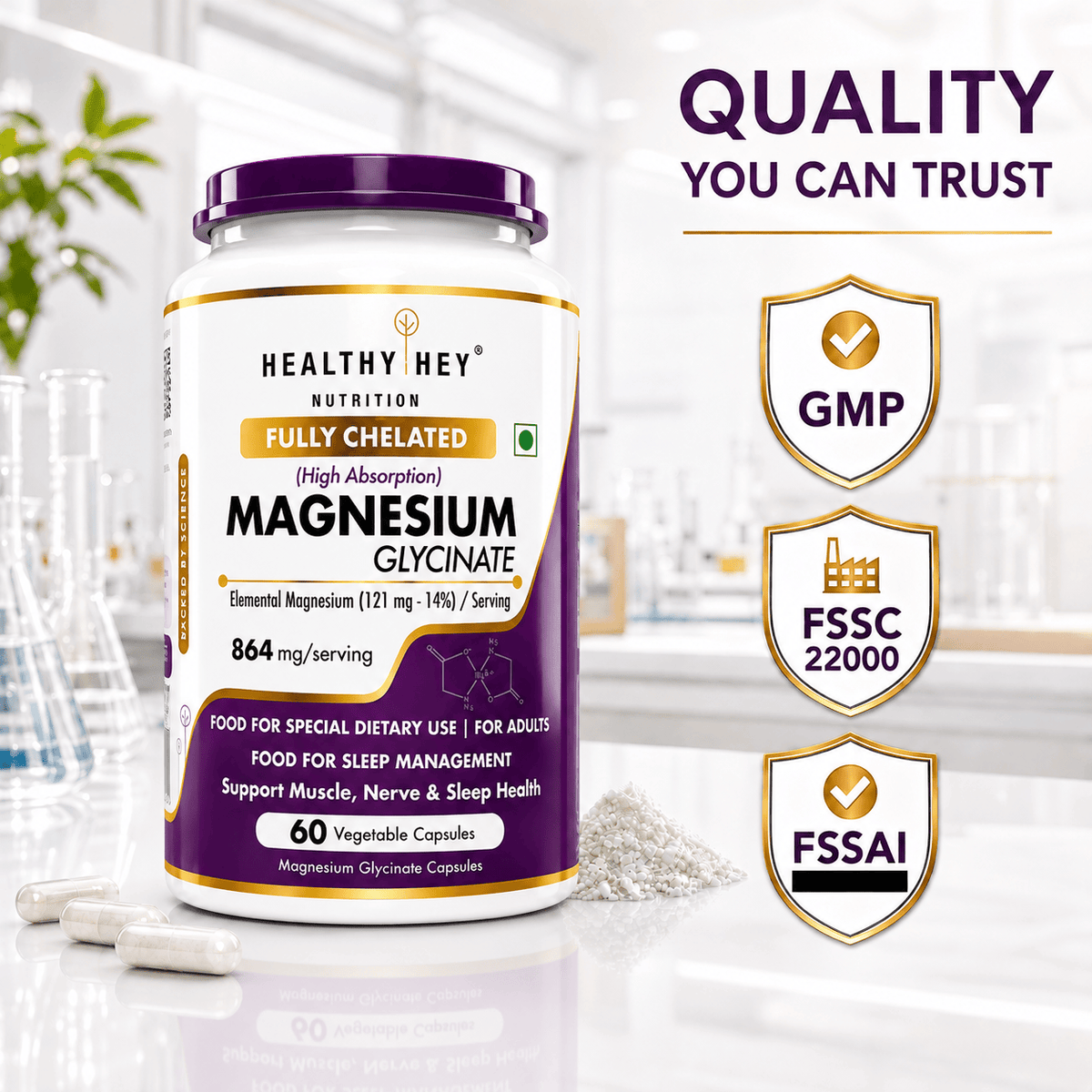 HealthyHey Nutrition Minerals Magnesium Glycinate 14% Fully Chelated | 121 mg Elemental Magnesium per Serving | Non-Buffered | Vegetable Capsules
