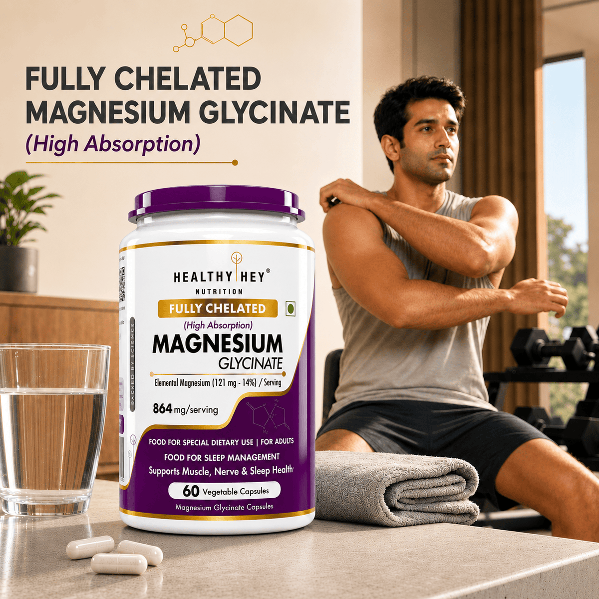 HealthyHey Nutrition Minerals Magnesium Glycinate 14% Fully Chelated | 121 mg Elemental Magnesium per Serving | Non-Buffered | Vegetable Capsules