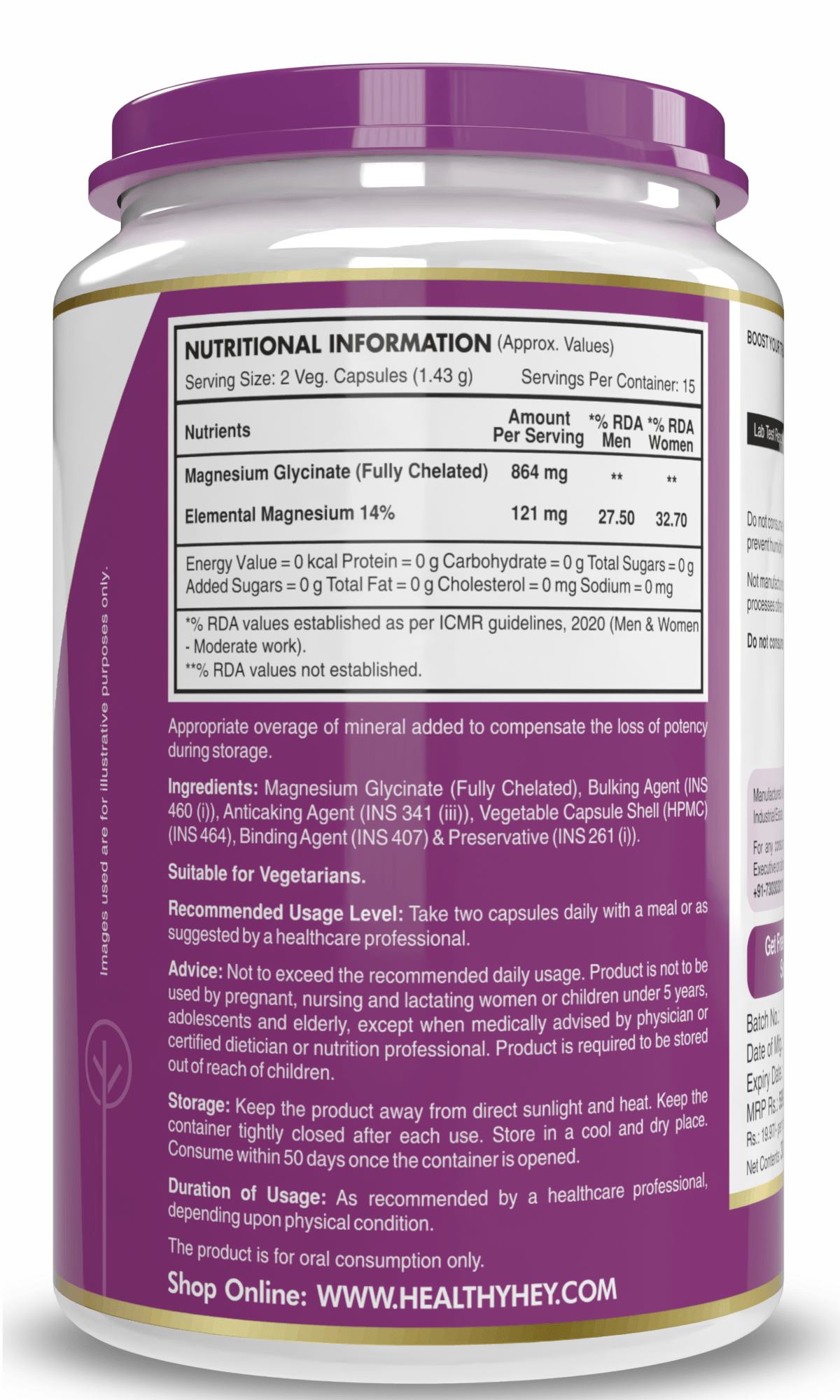 HealthyHey Nutrition Minerals Magnesium Glycinate 14% Fully Chelated | 121 mg Elemental Magnesium per Serving | Non-Buffered | Vegetable Capsules