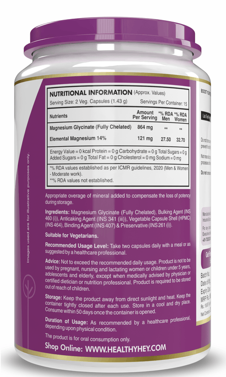 HealthyHey Nutrition Minerals Magnesium Glycinate 14% Fully Chelated | 121 mg Elemental Magnesium per Serving | Non-Buffered | Vegetable Capsules