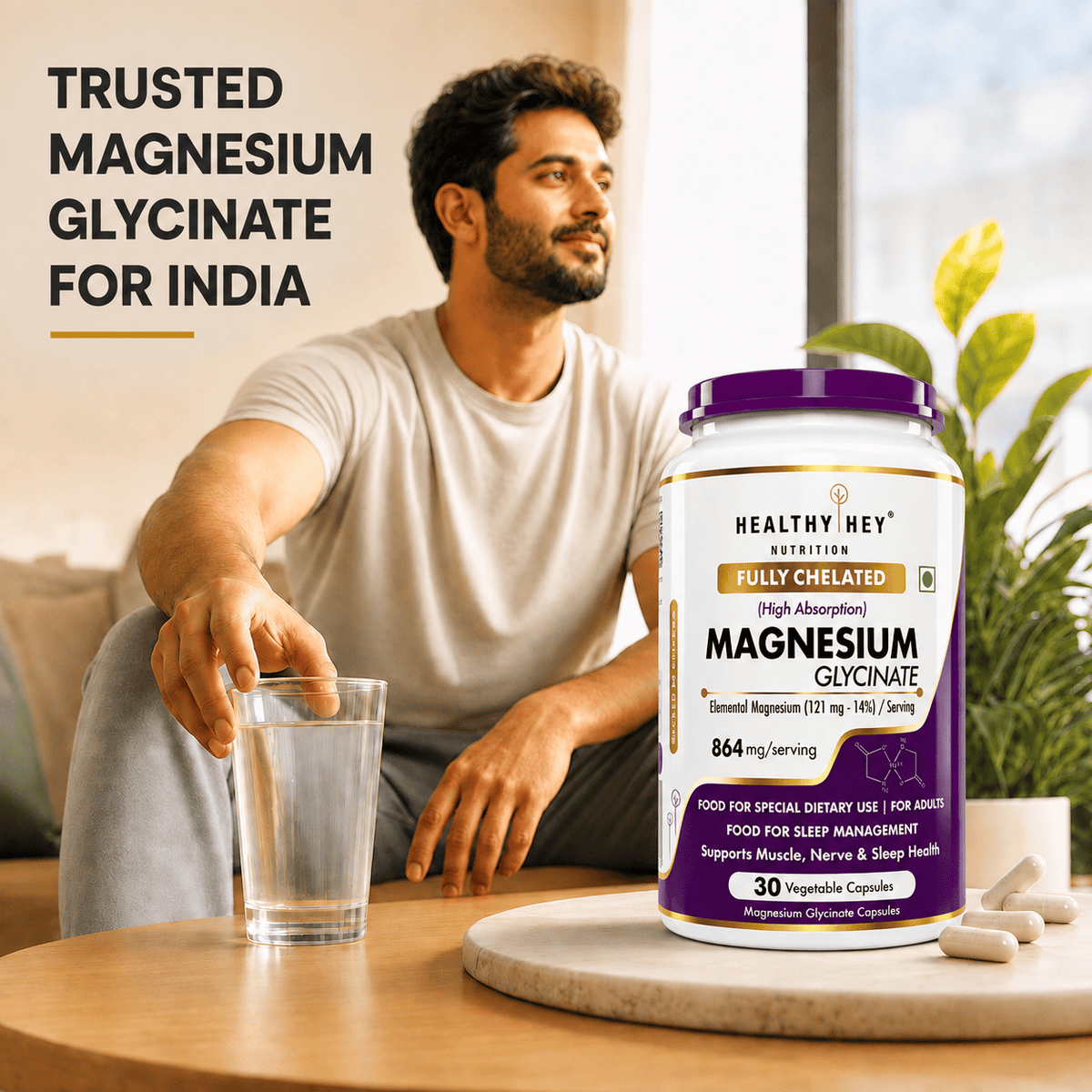 HealthyHey Nutrition Minerals Magnesium Glycinate 14% Fully Chelated | 121 mg Elemental Magnesium per Serving | Non-Buffered | Vegetable Capsules