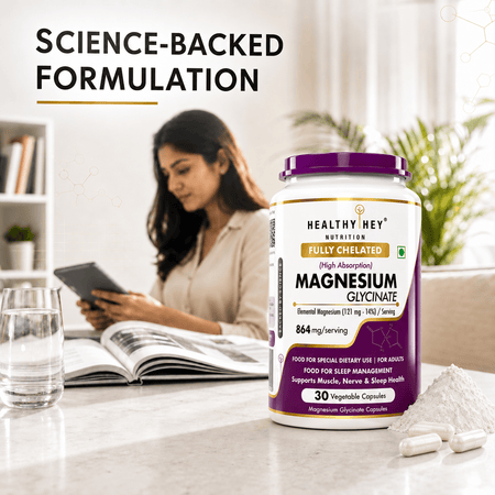 HealthyHey Nutrition Minerals Magnesium Glycinate 14% Fully Chelated | 121 mg Elemental Magnesium per Serving | Non-Buffered | Vegetable Capsules