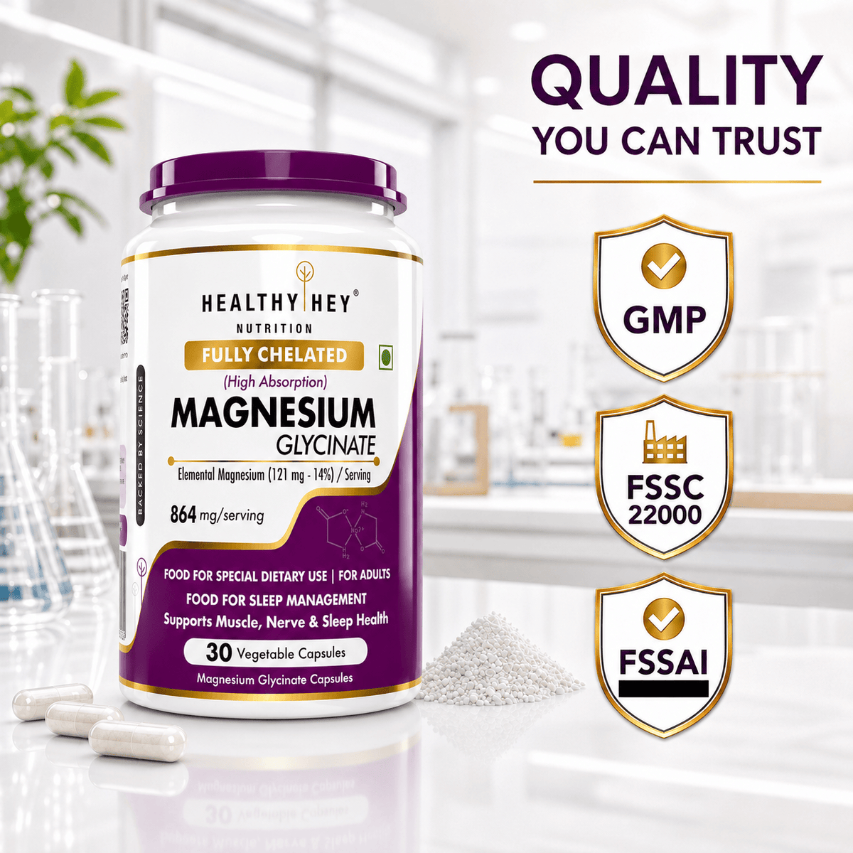 HealthyHey Nutrition Minerals Magnesium Glycinate 14% Fully Chelated | 121 mg Elemental Magnesium per Serving | Non-Buffered | Vegetable Capsules