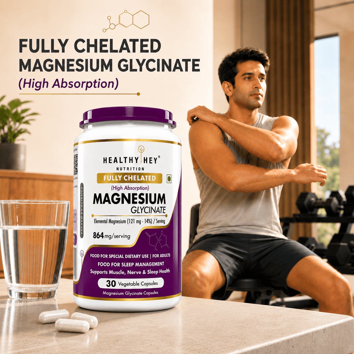 HealthyHey Nutrition Minerals Magnesium Glycinate 14% Fully Chelated | 121 mg Elemental Magnesium per Serving | Non-Buffered | Vegetable Capsules