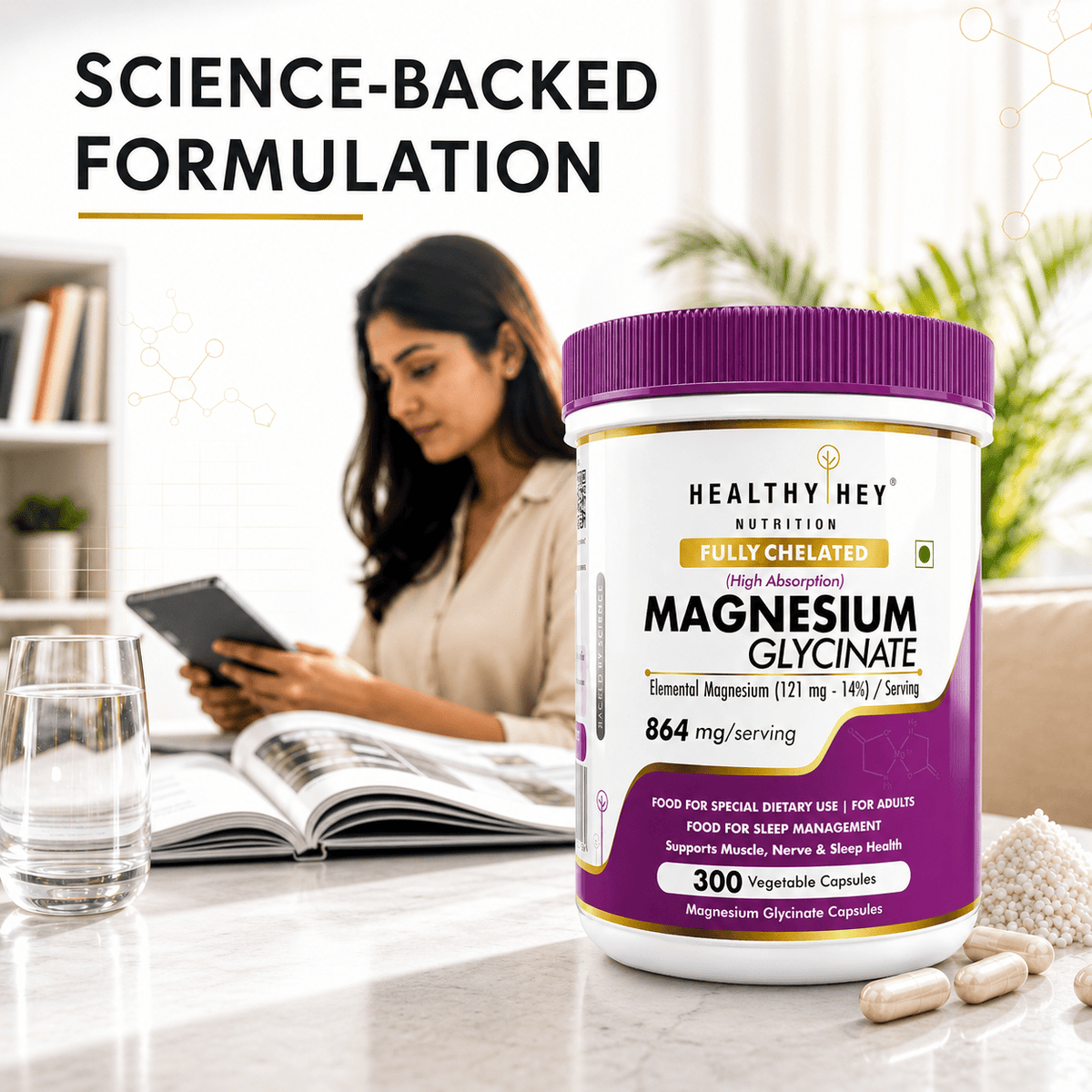 HealthyHey Nutrition Minerals Magnesium Glycinate 14% Fully Chelated | 121 mg Elemental Magnesium per Serving | Non-Buffered | Vegetable Capsules