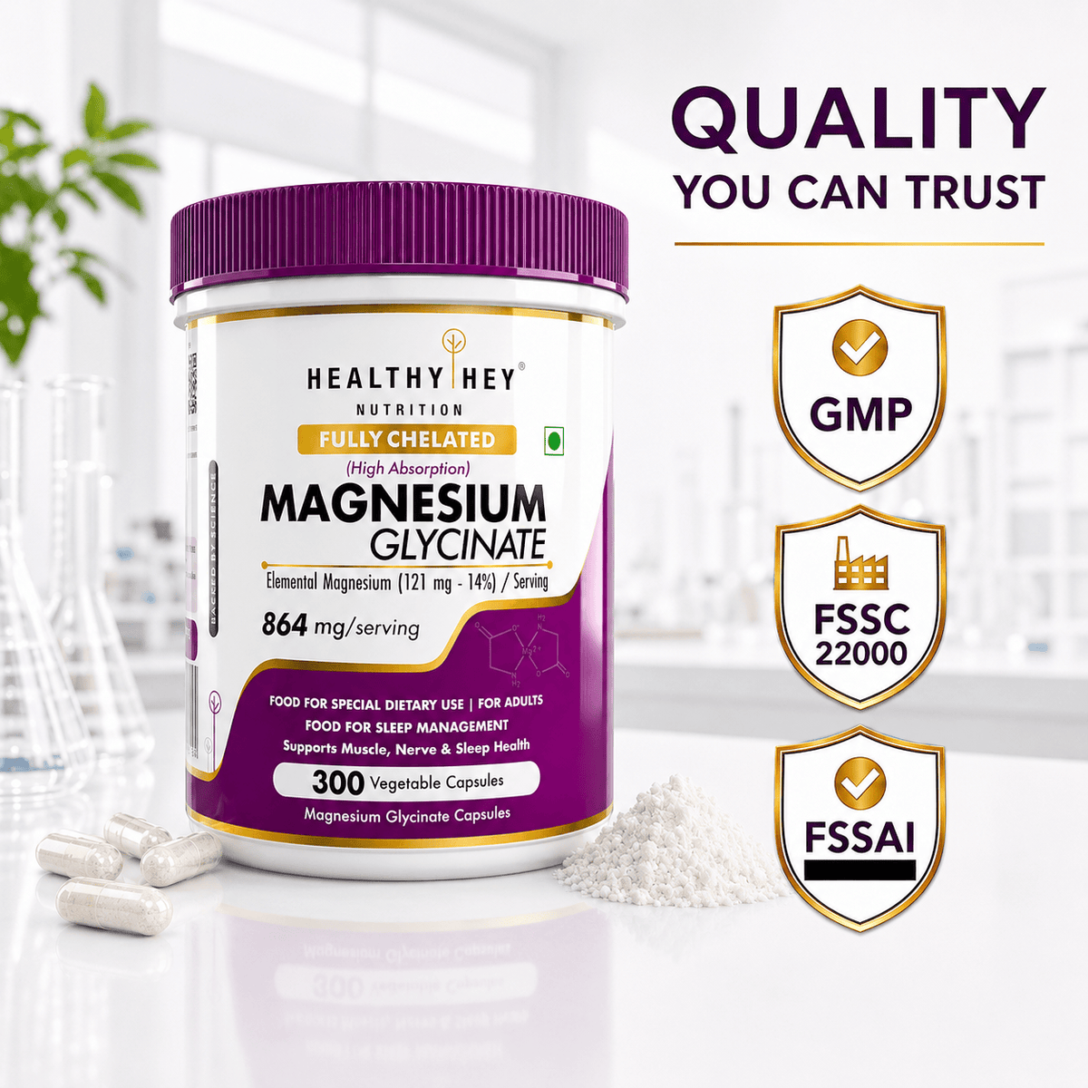 HealthyHey Nutrition Minerals Magnesium Glycinate 14% Fully Chelated | 121 mg Elemental Magnesium per Serving | Non-Buffered | Vegetable Capsules