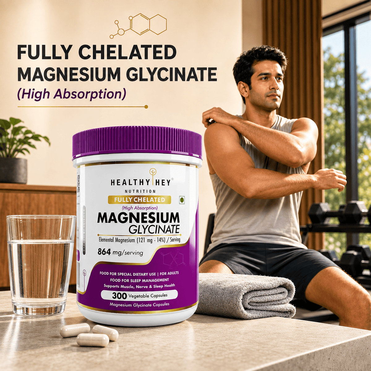 HealthyHey Nutrition Minerals Magnesium Glycinate 14% Fully Chelated | 121 mg Elemental Magnesium per Serving | Non-Buffered | Vegetable Capsules