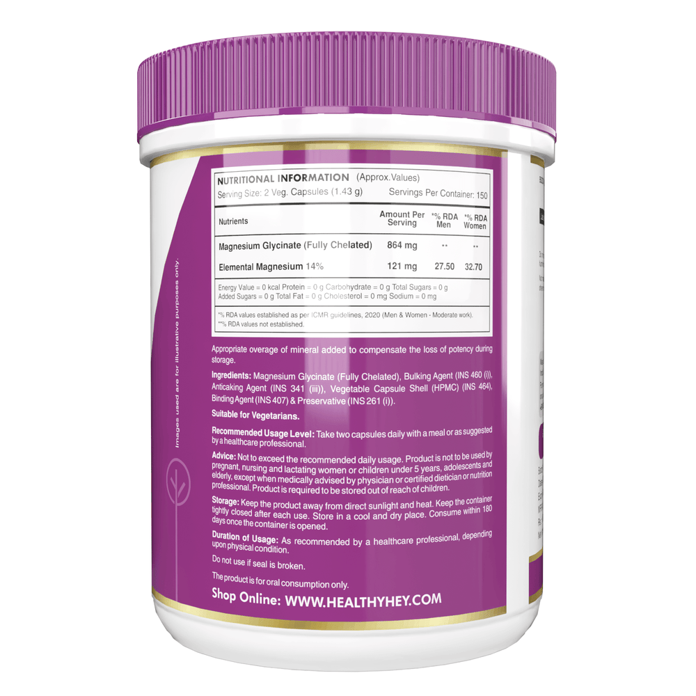 HealthyHey Nutrition Minerals Magnesium Glycinate 14% Fully Chelated | 121 mg Elemental Magnesium per Serving | Non-Buffered | Vegetable Capsules