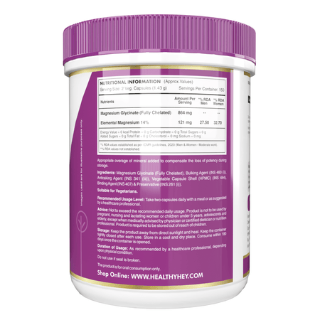 HealthyHey Nutrition Minerals Magnesium Glycinate 14% Fully Chelated | 121 mg Elemental Magnesium per Serving | Non-Buffered | Vegetable Capsules
