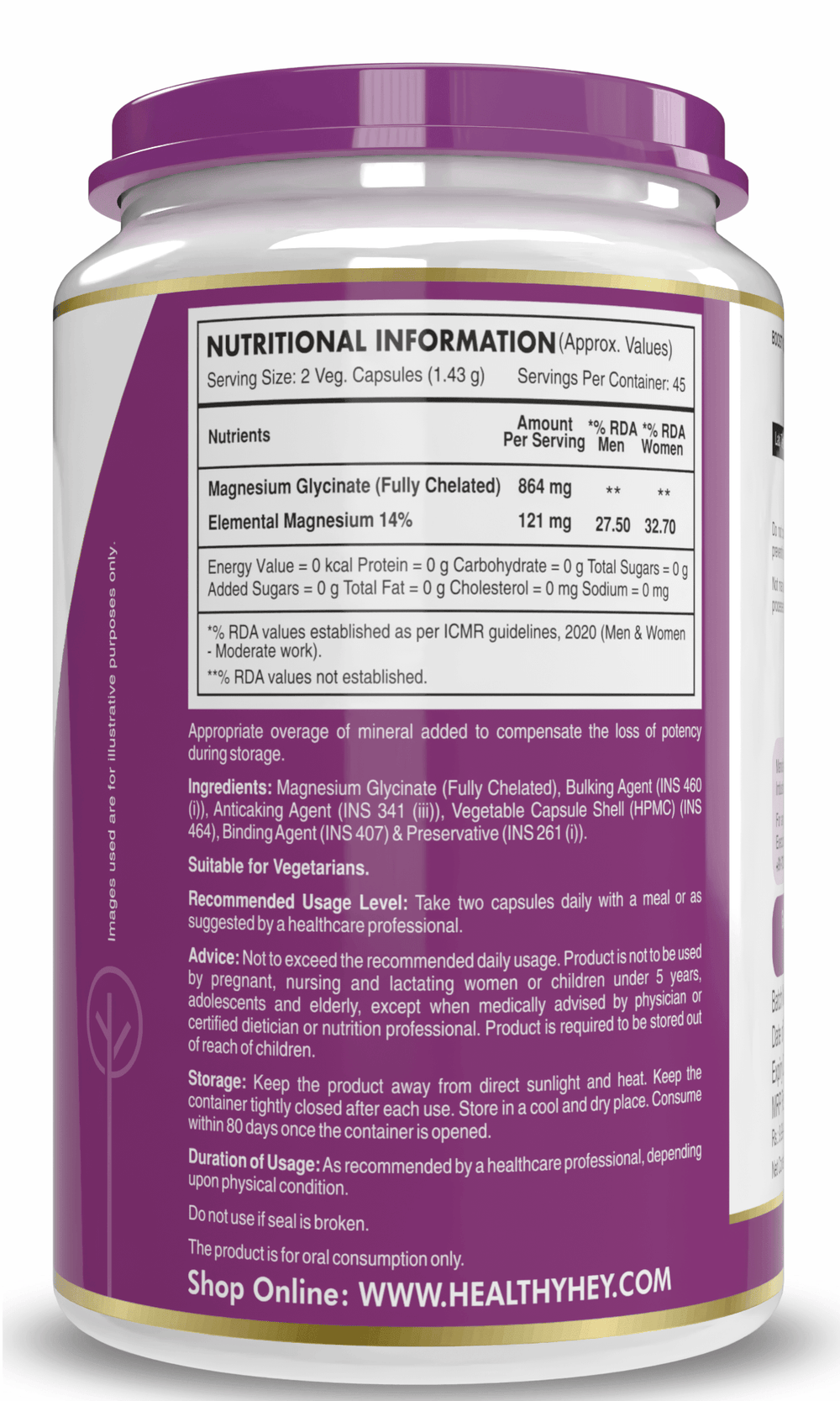 HealthyHey Nutrition Minerals Magnesium Glycinate 14% Fully Chelated | 121 mg Elemental Magnesium per Serving | Non-Buffered | Vegetable Capsules