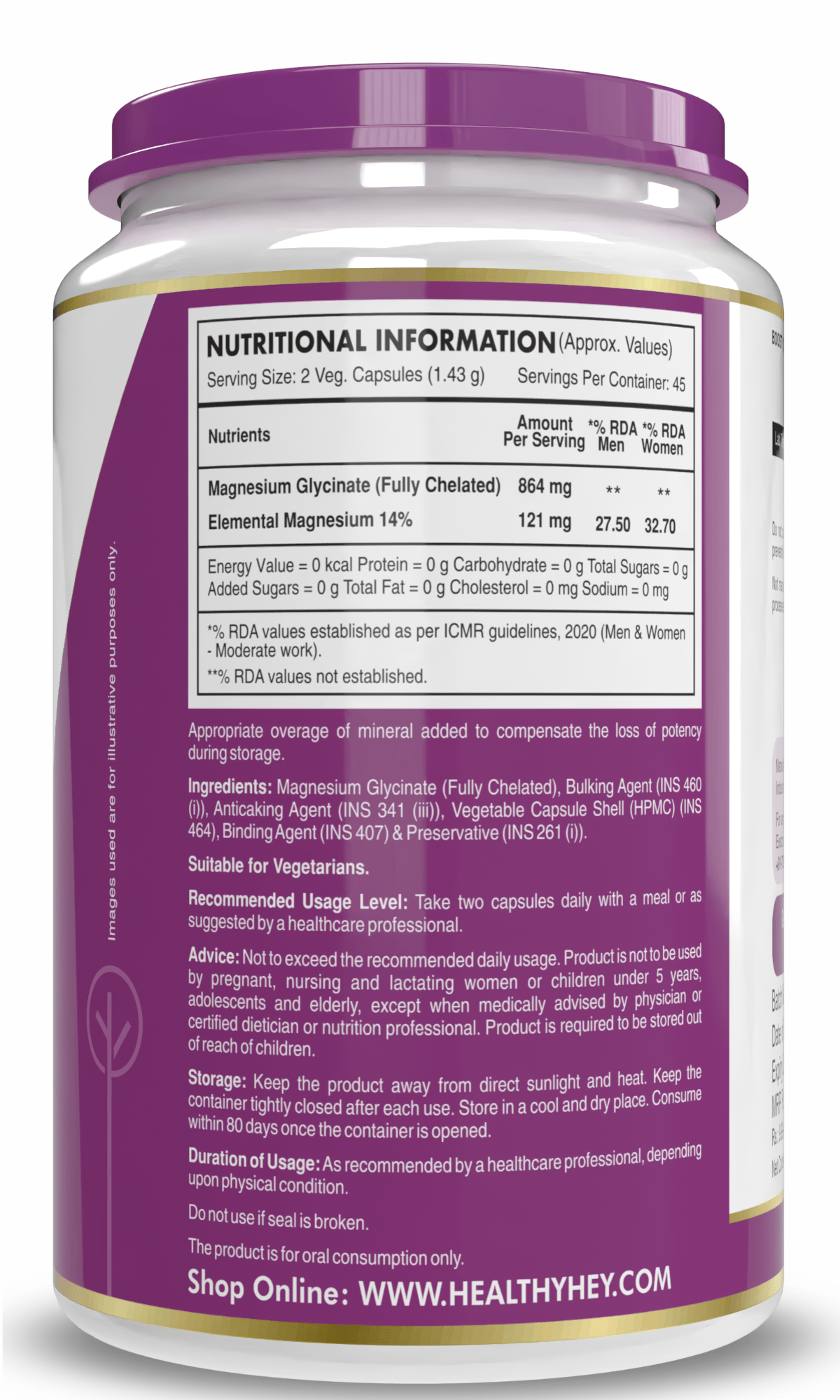 HealthyHey Nutrition Minerals Magnesium Glycinate 14% Fully Chelated | 121 mg Elemental Magnesium per Serving | Non-Buffered | Vegetable Capsules