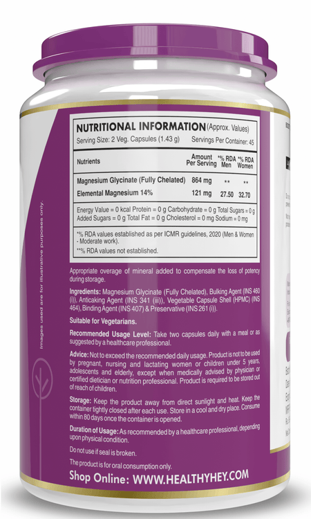 HealthyHey Nutrition Minerals Magnesium Glycinate 14% Fully Chelated | 121 mg Elemental Magnesium per Serving | Non-Buffered | Vegetable Capsules