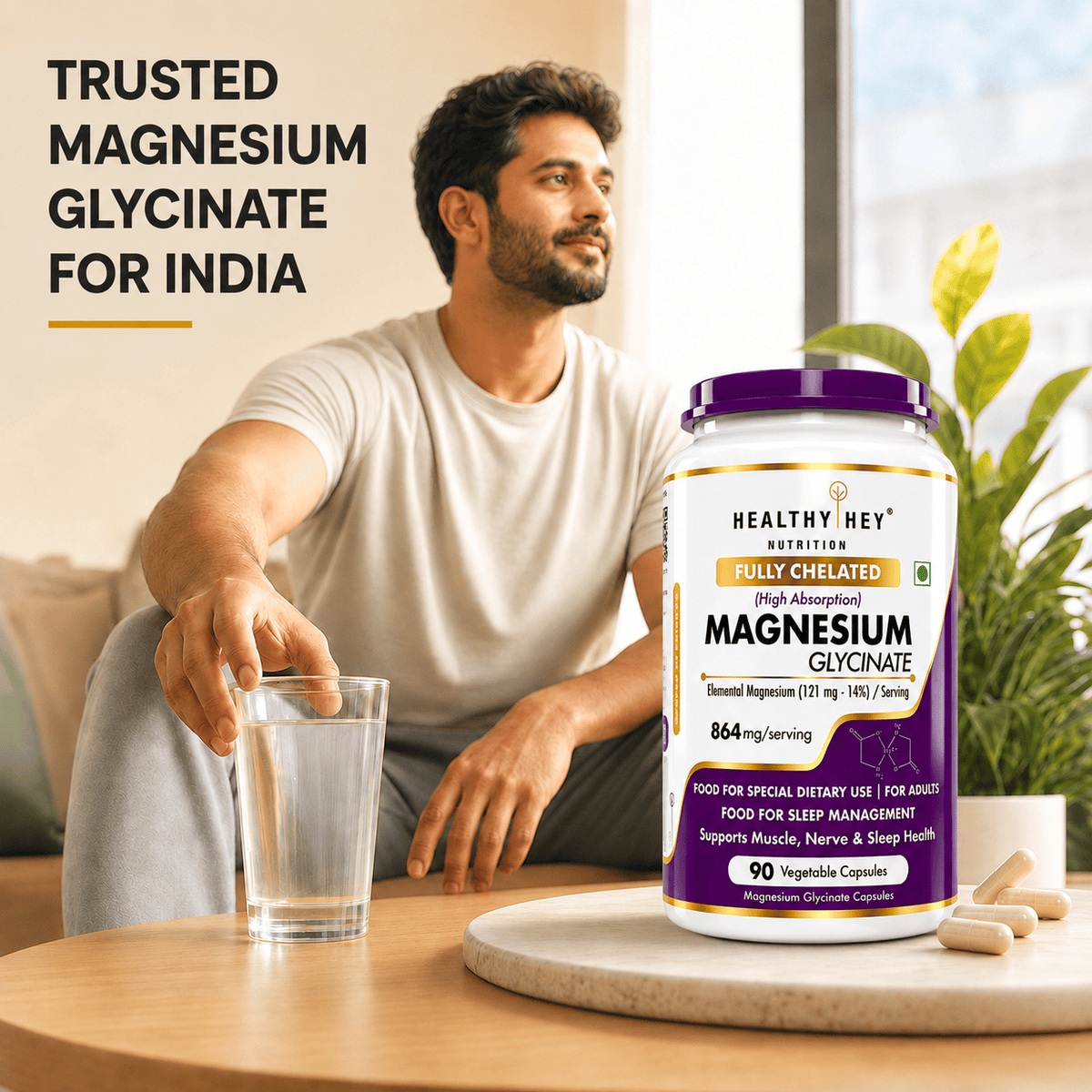 HealthyHey Nutrition Minerals Magnesium Glycinate 14% Fully Chelated | 121 mg Elemental Magnesium per Serving | Non-Buffered | Vegetable Capsules