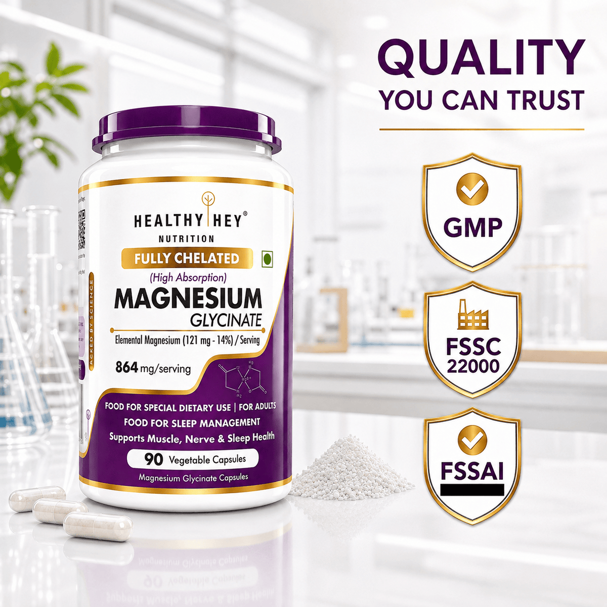 HealthyHey Nutrition Minerals Magnesium Glycinate 14% Fully Chelated | 121 mg Elemental Magnesium per Serving | Non-Buffered | Vegetable Capsules