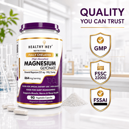 HealthyHey Nutrition Minerals Magnesium Glycinate 14% Fully Chelated | 121 mg Elemental Magnesium per Serving | Non-Buffered | Vegetable Capsules