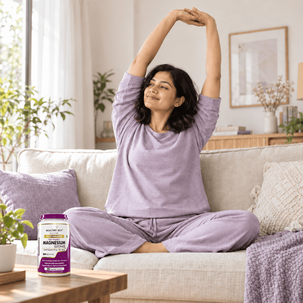 AI-generated lifestyle scene with the HealthyHey Magnesium Glycinate 14% 30-capsule bottle on a coffee table beside an adult woman stretching at home.