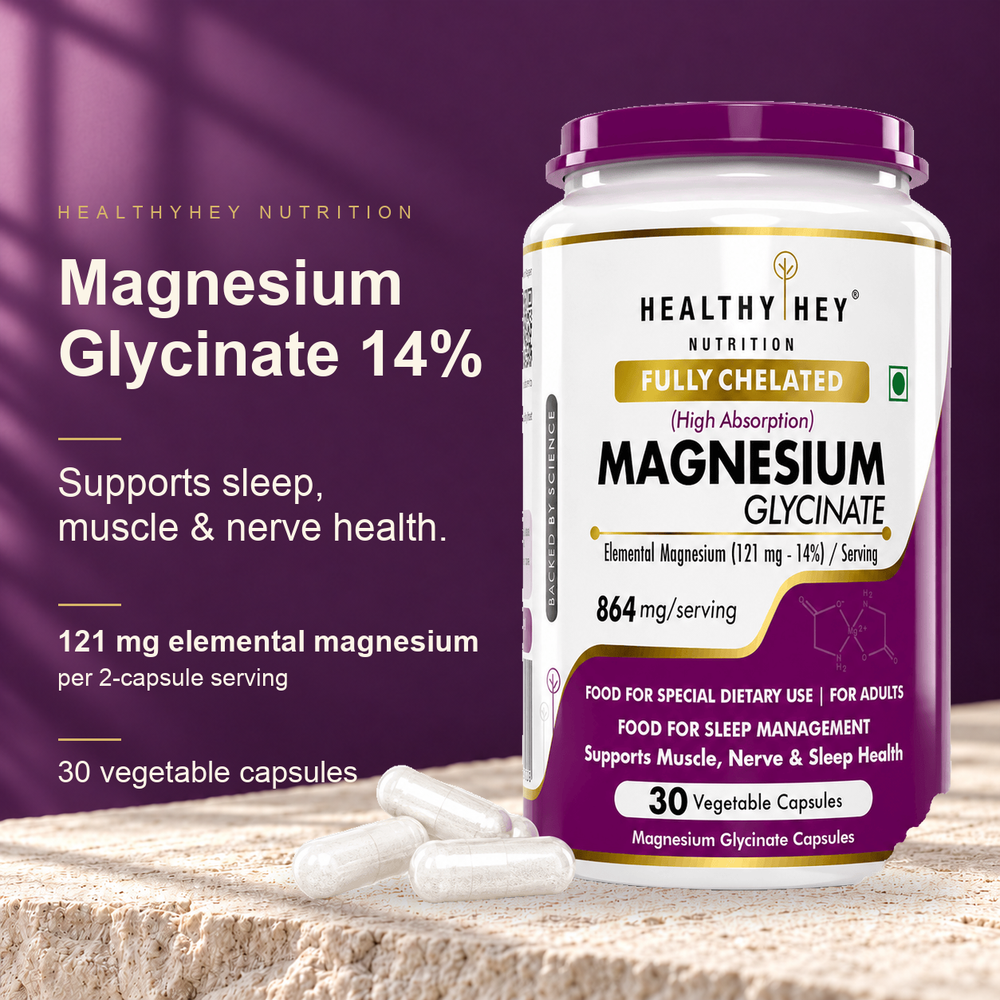 HealthyHey Magnesium Glycinate 14%, 30 vegetable capsules.