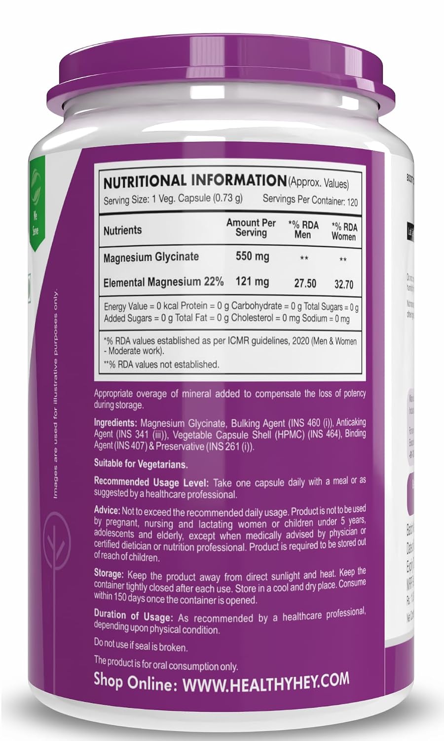 HealthyHey Nutrition Minerals Magnesium Glycinate 22% for Sleep Health | 550 mg with 121 mg Elemental Magnesium | Veg Capsules