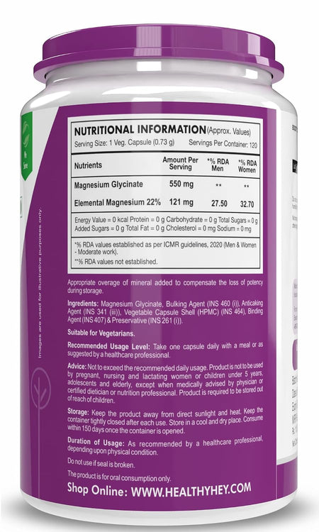 HealthyHey Nutrition Minerals Magnesium Glycinate 22% for Sleep Health | 550 mg with 121 mg Elemental Magnesium | Veg Capsules