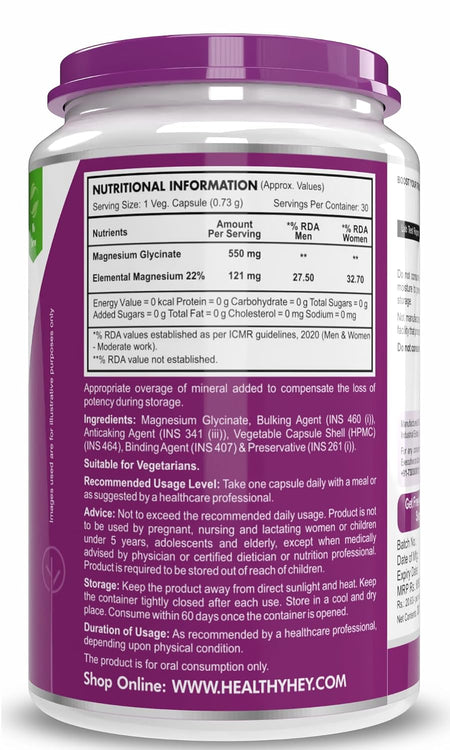 HealthyHey Nutrition Minerals Magnesium Glycinate 22% for Sleep Health | 550 mg with 121 mg Elemental Magnesium | Veg Capsules