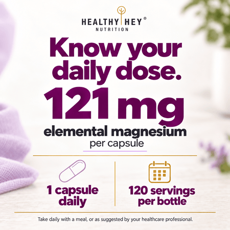 HealthyHey Nutrition Minerals Magnesium Glycinate 22% for Sleep Health | 550 mg with 121 mg Elemental Magnesium | Veg Capsules