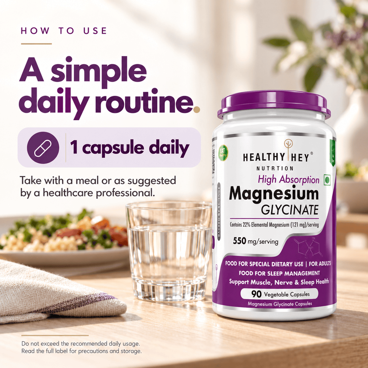 HealthyHey Nutrition Minerals Magnesium Glycinate 22% for Sleep Health | 550 mg with 121 mg Elemental Magnesium | Veg Capsules