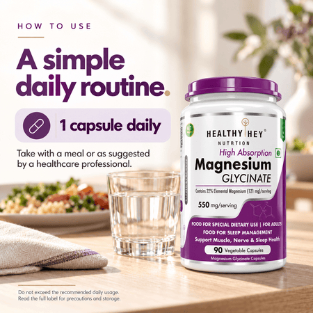 HealthyHey Nutrition Minerals Magnesium Glycinate 22% for Sleep Health | 550 mg with 121 mg Elemental Magnesium | Veg Capsules