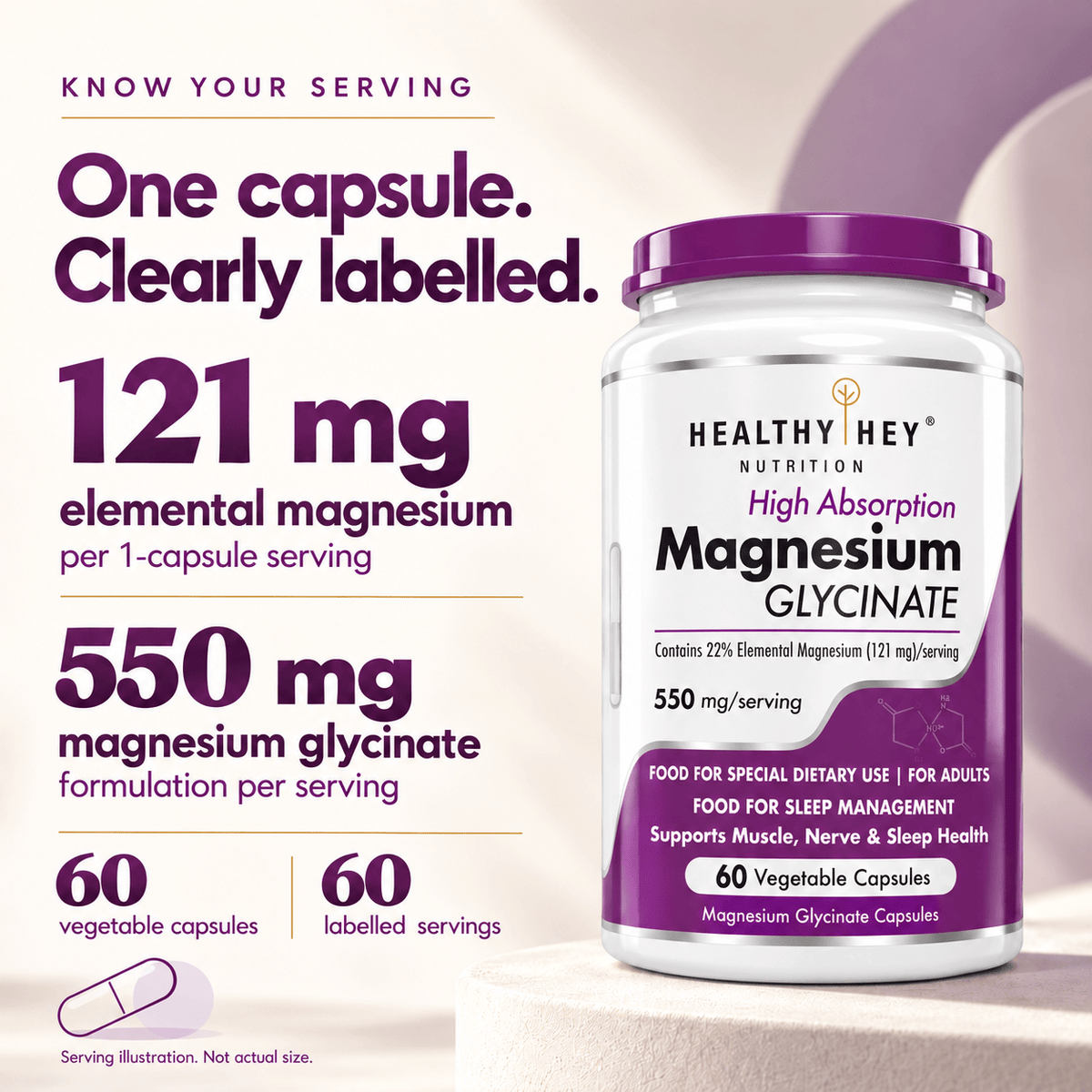 HealthyHey Nutrition Minerals Magnesium Glycinate 22% for Sleep Health | 550 mg with 121 mg Elemental Magnesium | Veg Capsules