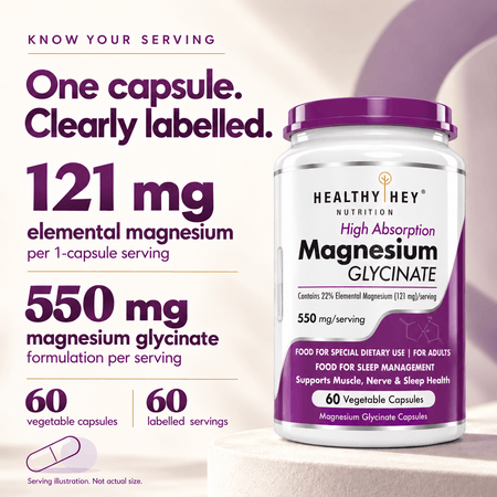 HealthyHey Nutrition Minerals Magnesium Glycinate 22% for Sleep Health | 550 mg with 121 mg Elemental Magnesium | Veg Capsules