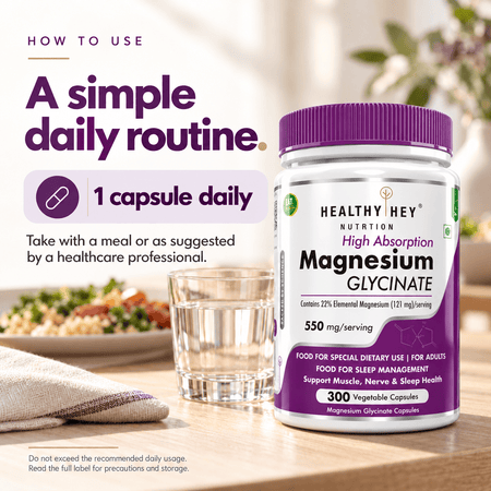 HealthyHey Nutrition Minerals Magnesium Glycinate 22% for Sleep Health | 550 mg with 121 mg Elemental Magnesium | Veg Capsules