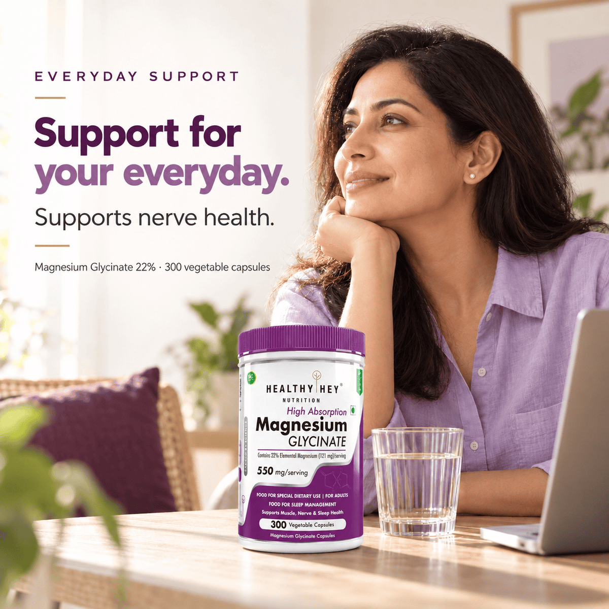 HealthyHey Nutrition Minerals Magnesium Glycinate 22% for Sleep Health | 550 mg with 121 mg Elemental Magnesium | Veg Capsules