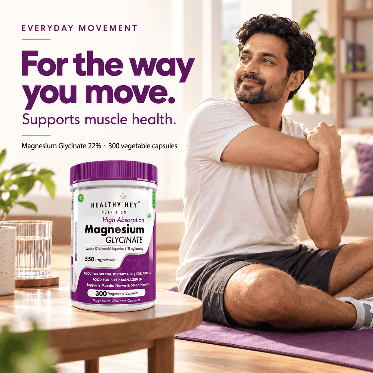 HealthyHey Nutrition Minerals Magnesium Glycinate 22% for Sleep Health | 550 mg with 121 mg Elemental Magnesium | Veg Capsules