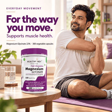 HealthyHey Nutrition Minerals Magnesium Glycinate 22% for Sleep Health | 550 mg with 121 mg Elemental Magnesium | Veg Capsules