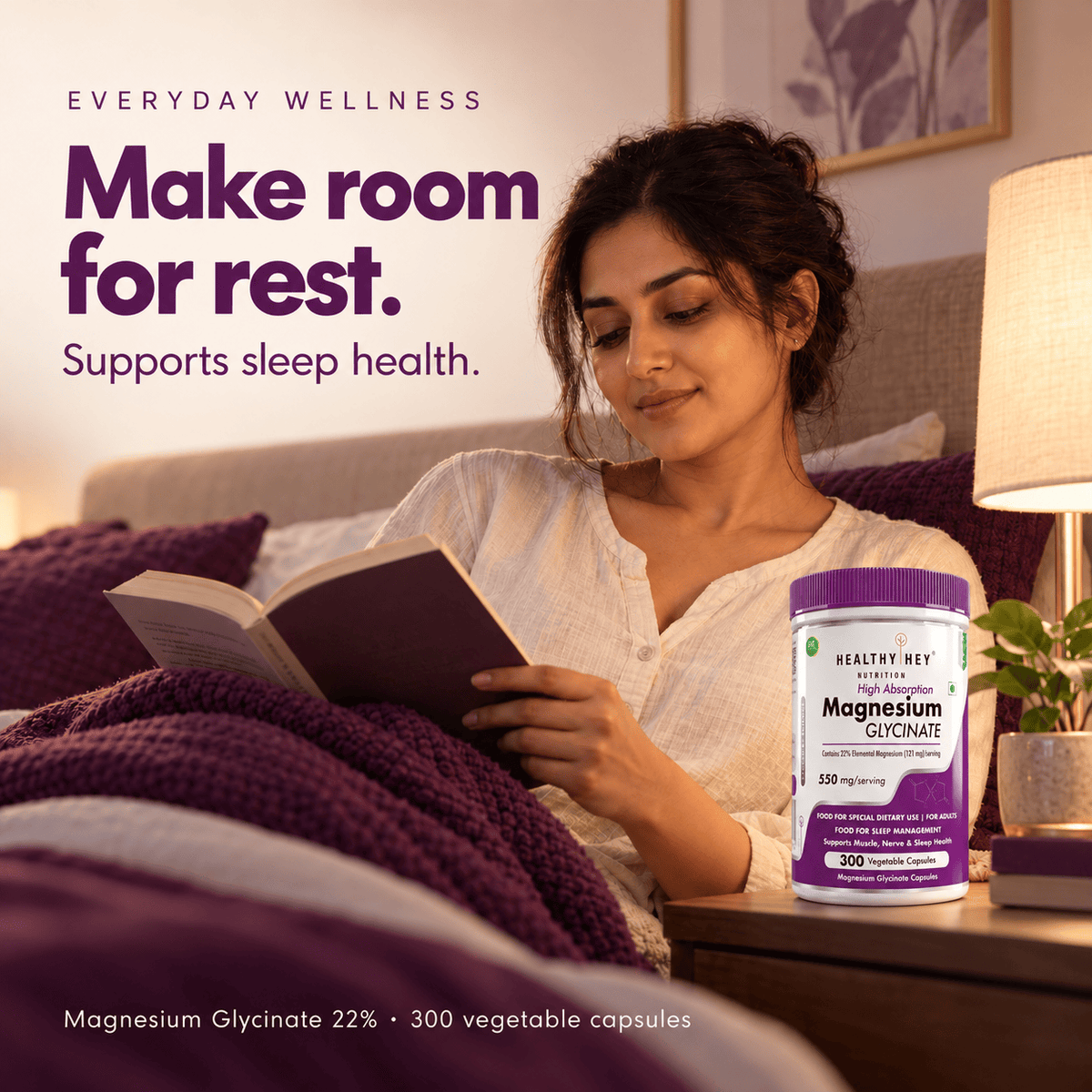 HealthyHey Nutrition Minerals Magnesium Glycinate 22% for Sleep Health | 550 mg with 121 mg Elemental Magnesium | Veg Capsules