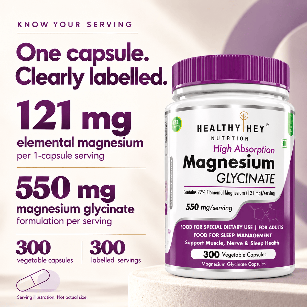 HealthyHey Nutrition Minerals Magnesium Glycinate 22% for Sleep Health | 550 mg with 121 mg Elemental Magnesium | Veg Capsules