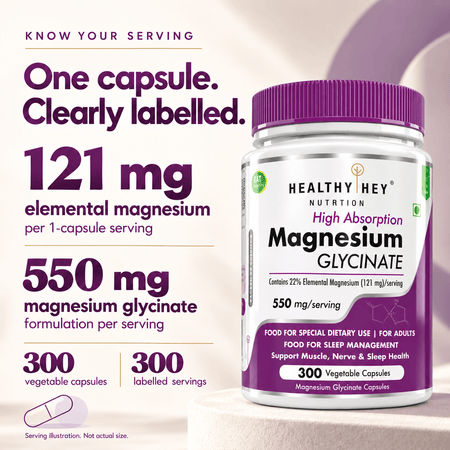 HealthyHey Nutrition Minerals Magnesium Glycinate 22% for Sleep Health | 550 mg with 121 mg Elemental Magnesium | Veg Capsules