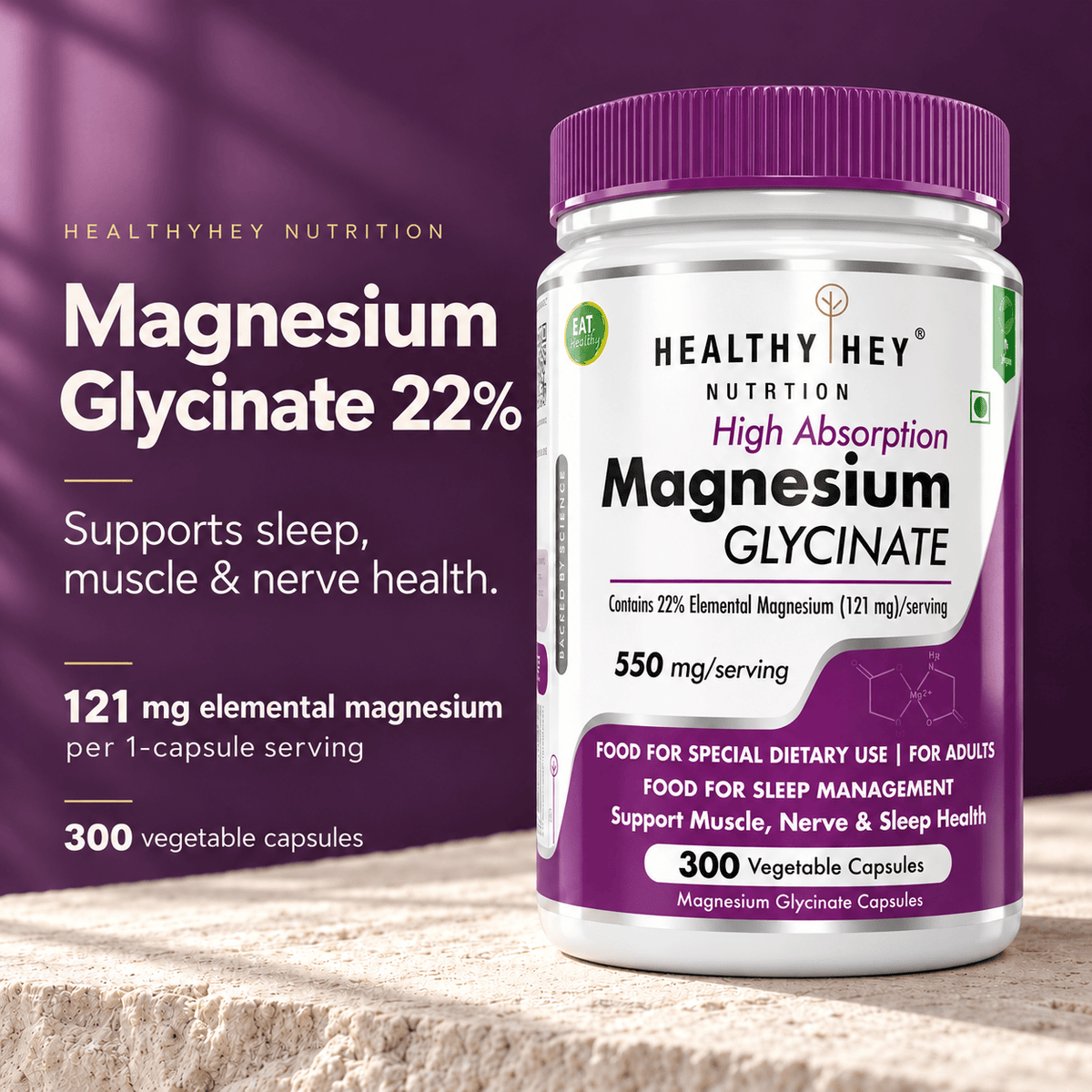 HealthyHey Nutrition Minerals Magnesium Glycinate 22% for Sleep Health | 550 mg with 121 mg Elemental Magnesium | Veg Capsules